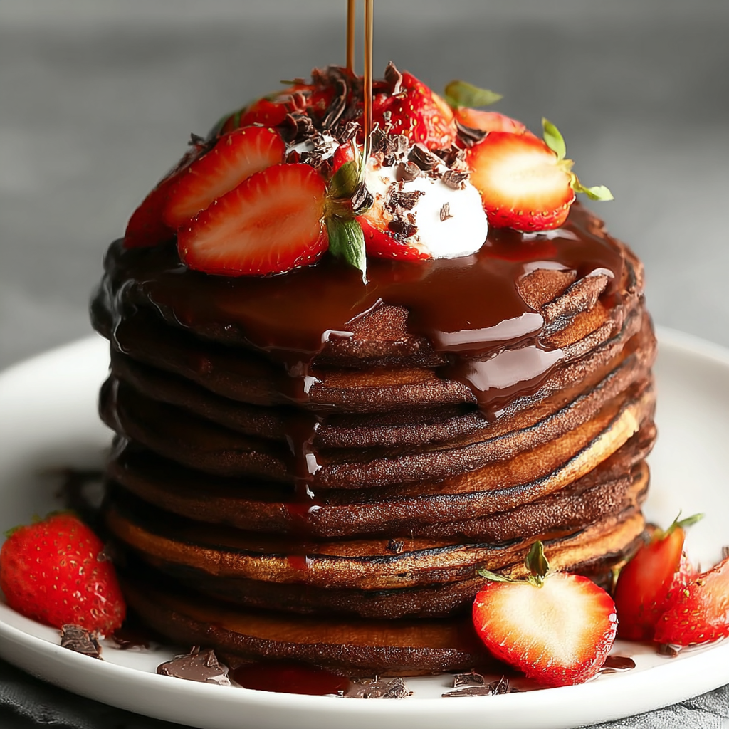 Fluffy Chocolate Strawberry Pancake Stack