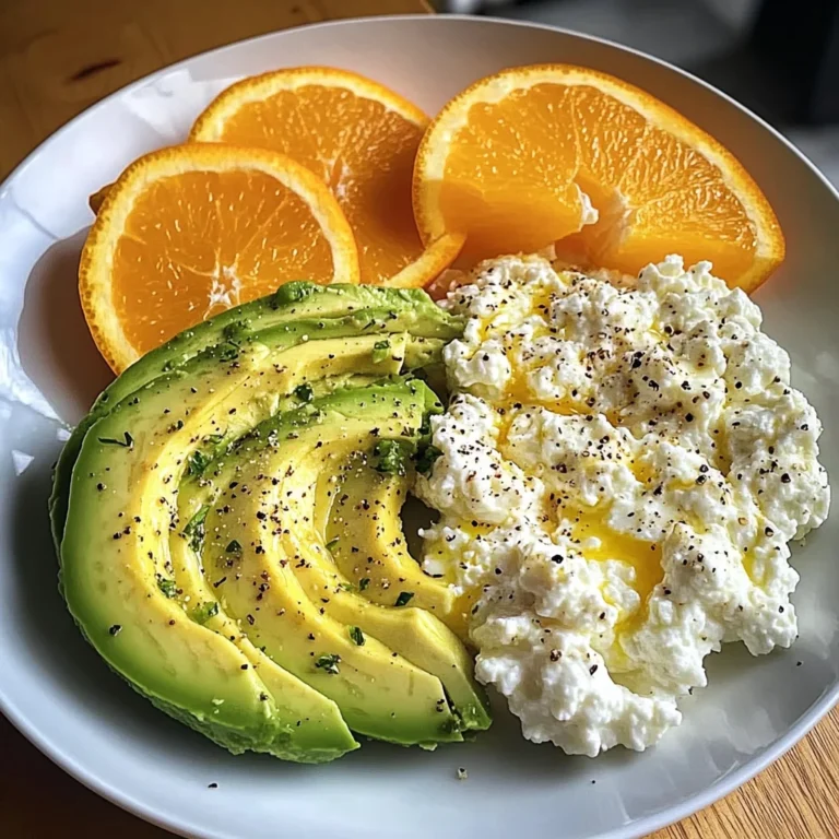 Avocado, Scrambled Eggs & Cottage Cheese Plate with Fresh Orange