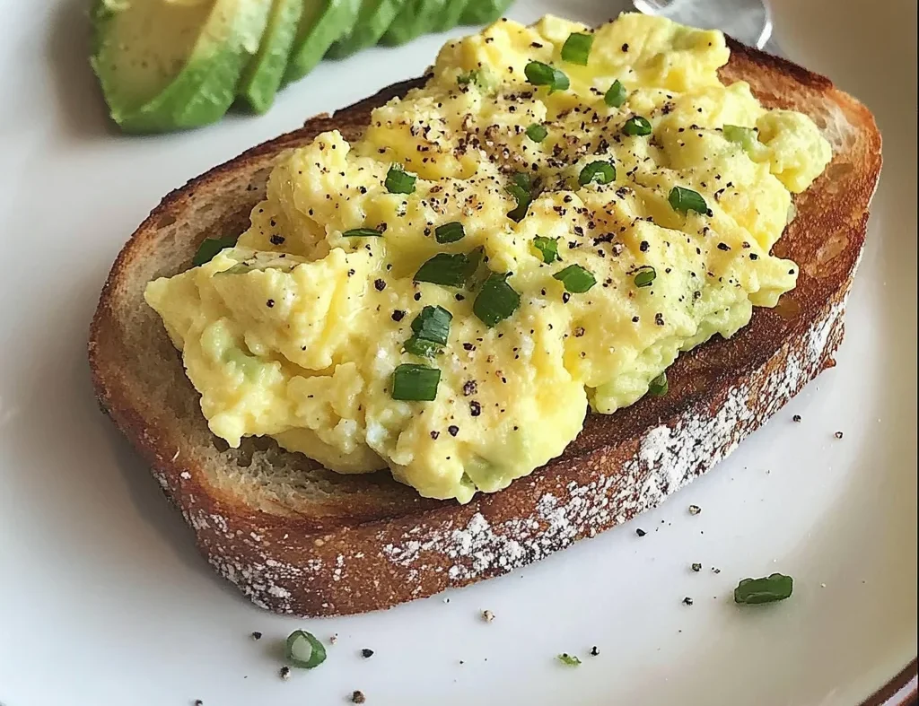 Creamy Scrambled Eggs with Avocado Toast & Iced Matcha Latte