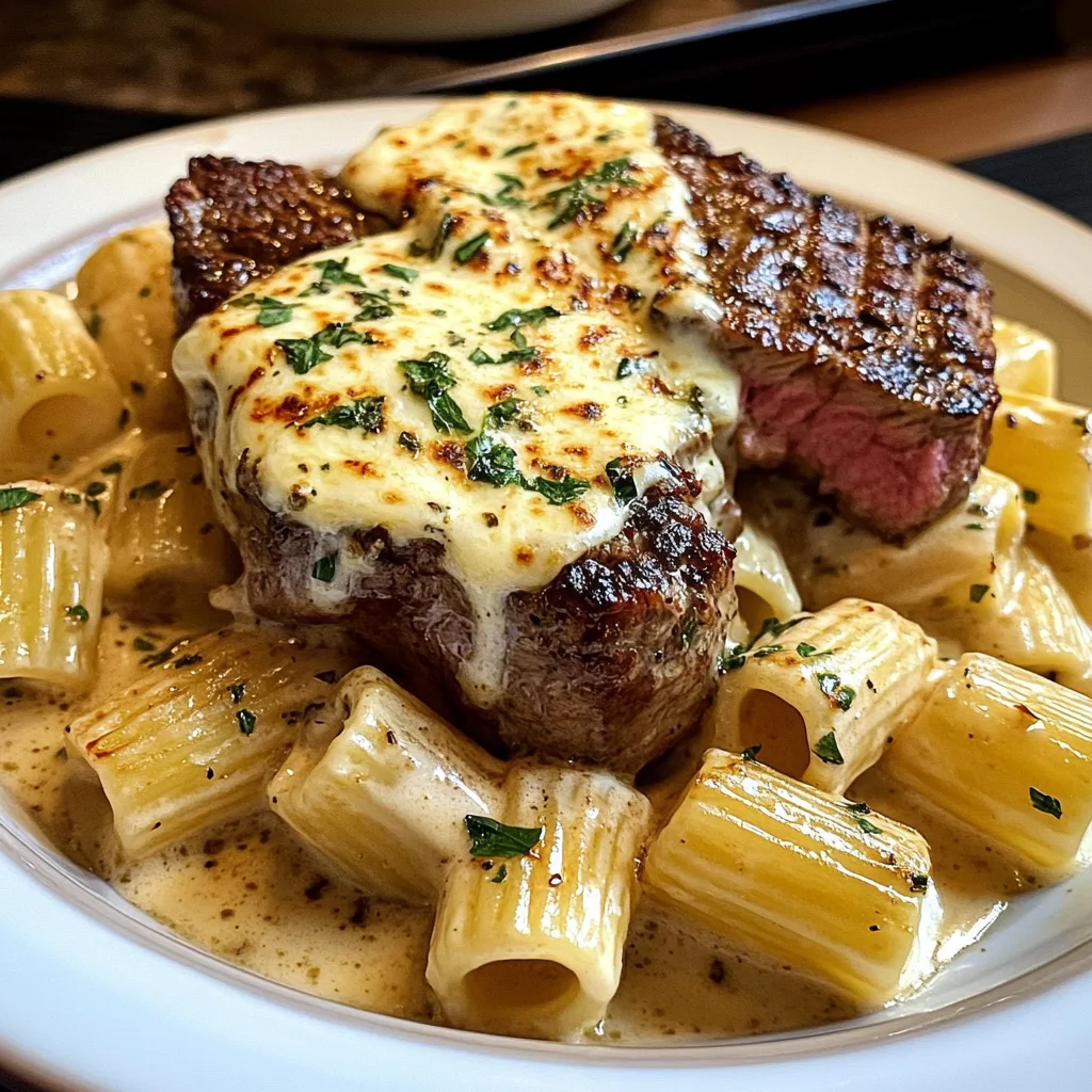 Garlic Cream Steak with Rigatoni in Provolone Cream Sauce