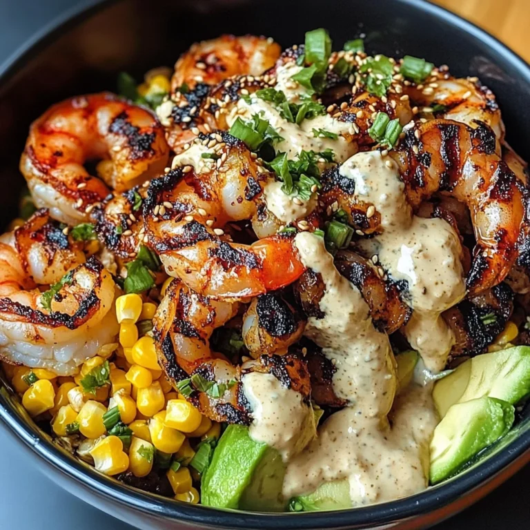 Grilled Shrimp Bowl with Avocado, Corn Salsa & Creamy Garlic Sauce