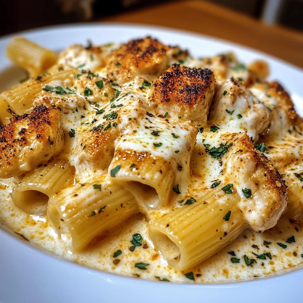 Mozzarella Cajun Chicken Rigatoni in Garlic Cheese Sauce