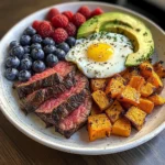 Steak & Sunny Eggs Power Plate with Sweet Potato, Avocado & Berries